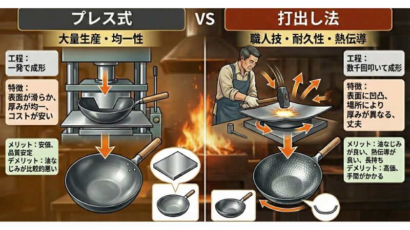 中華鍋の製法の違い。プレス式と打ち出し法