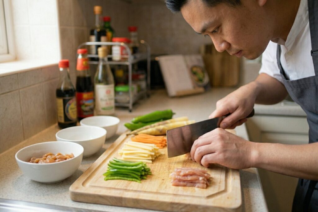 中華炒めの調理前にまな板で具材（緑ピーマン、タケノコ、キャベツ）の切り方を揃える調理師の手元の様子