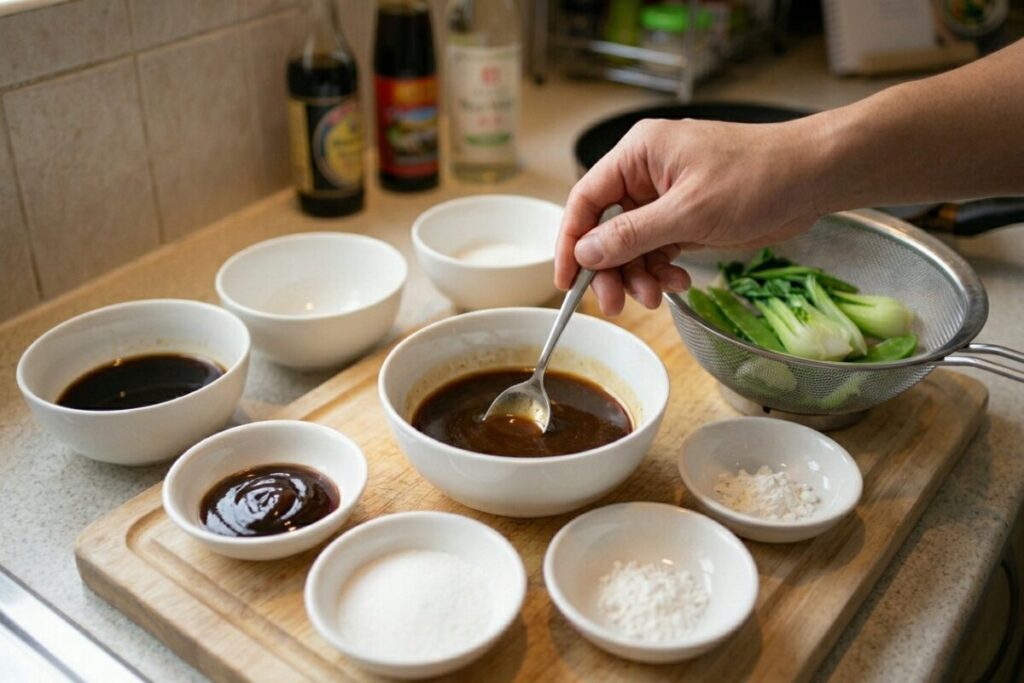 炒め物の火をつける前に、オイスターソースや醤油などの調味料をボウルで混ぜ合わせる様子。手元に下茹で済みの野菜も用意されており、調理中の迷いをなくすための完璧な準備（合わせ調味料）を表現。