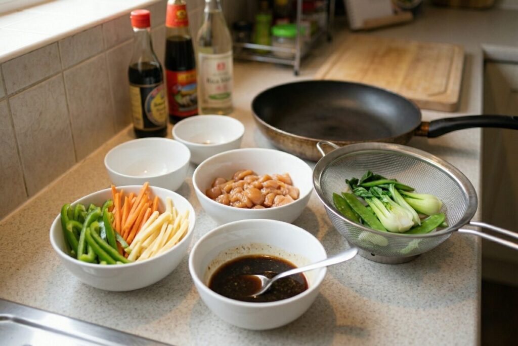 中華炒めの調理前にボウルに小分けされた食材、合わせ調味料、下茹でした野菜の様子