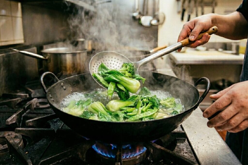両手中華鍋で青菜を隈しながら一気に茹で上げるプロの技術