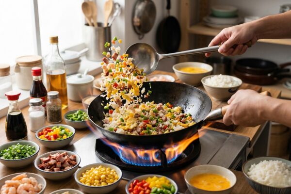 コンロの強火で熱した中華鍋を使い、具だくさんの炒飯を豪快に炒める様子。周囲には卵やチャーシュー、ネギなどの色鮮やかな具材が並んでいる。