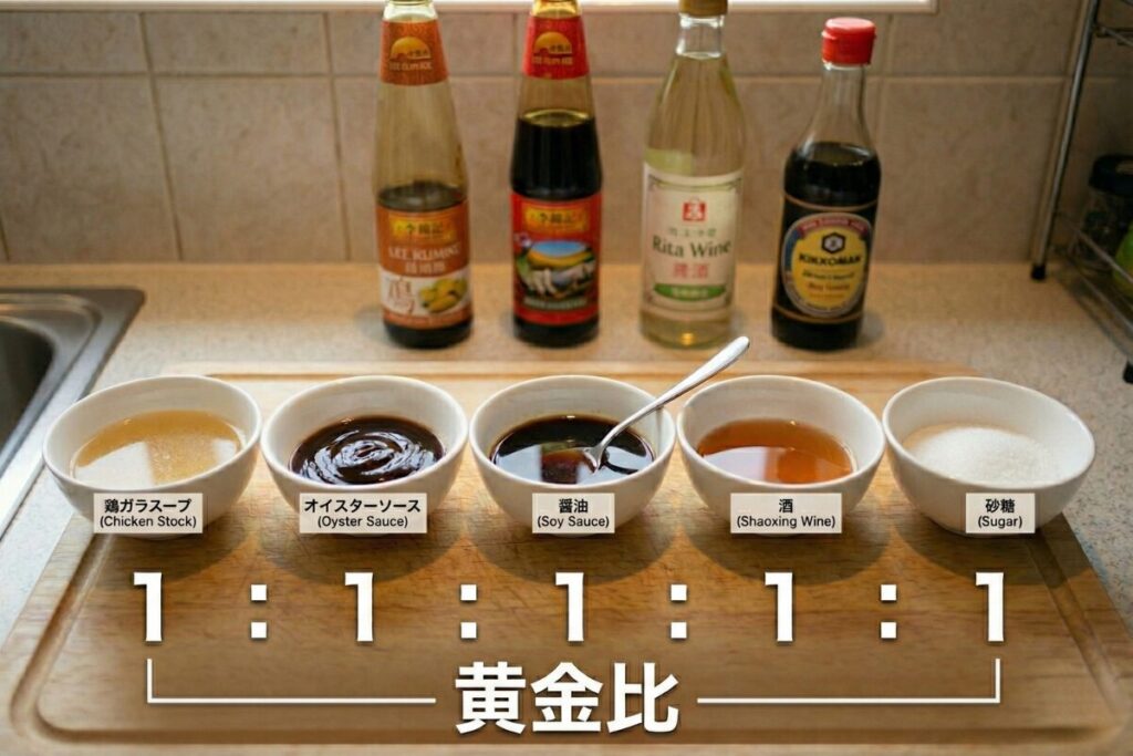 オイスターソース炒めの黄金比1:1:1:1:1。鶏ガラスープ・オイスターソース・醤油・酒・砂糖を同量ずつ白いボウルに並べ、対応する調味料ボトルを背景に配置した写真