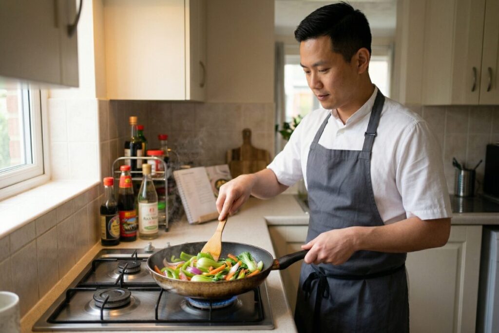 家庭のキッチンで野菜炒めを作る調理師の様子