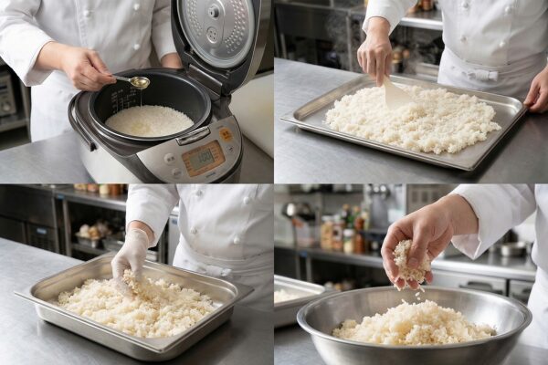 プロの料理人が行う炒飯用のご飯の準備。炊飯器に油を加える、バットに広げて粗熱を取る、手で一粒ずつほぐすといった4つの工程。