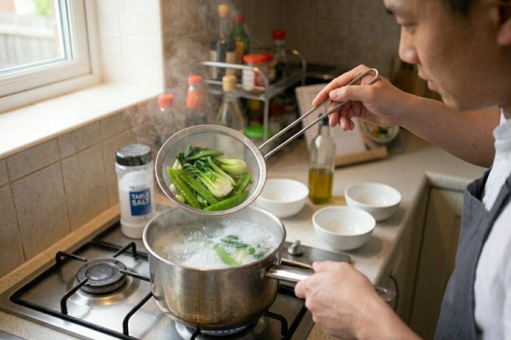 中華料理の技法「煨（ワイ）」を実践する様子。沸騰したお湯で青菜をサッと下茹でし、ザルに上げることで野菜の水分をコントロールし、シャキシャキ感を守る下処理。