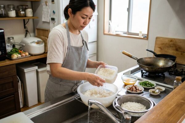キッチンのシンクで、ボウルに入れた冷や飯を水で洗い、ザルに上げる様子。お米のぬめりを取り、炒飯をパラパラにするための下準備。