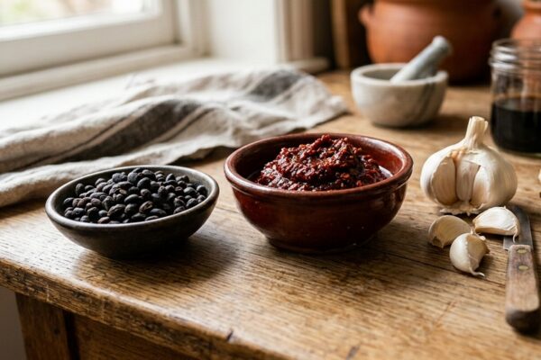 回鍋肉の香りの主役たち。にんにく、豆豉、豆板醤