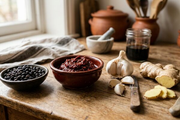 本場四川風回鍋肉の香りの主役たち。にんにく、生姜、豆豉、豆板醤