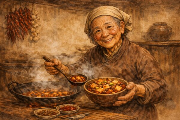 陳お婆さんが、麻婆豆腐を作っている