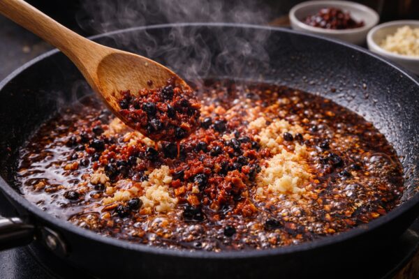 豆板醤・にんにく・生姜・炸醤を油で炒め、麻婆豆腐の香りのベースを作っている調理工程