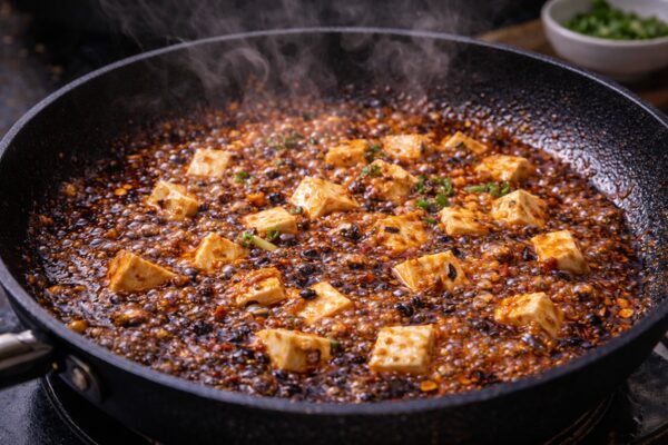 水溶き片栗粉でとろみを付け、強火で焼いて赤い油を浮かせている麻婆豆腐の仕上げ工程