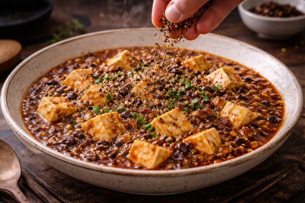 花椒を振りかけ、香り高く仕上がった本格麻婆豆腐の完成イメージ