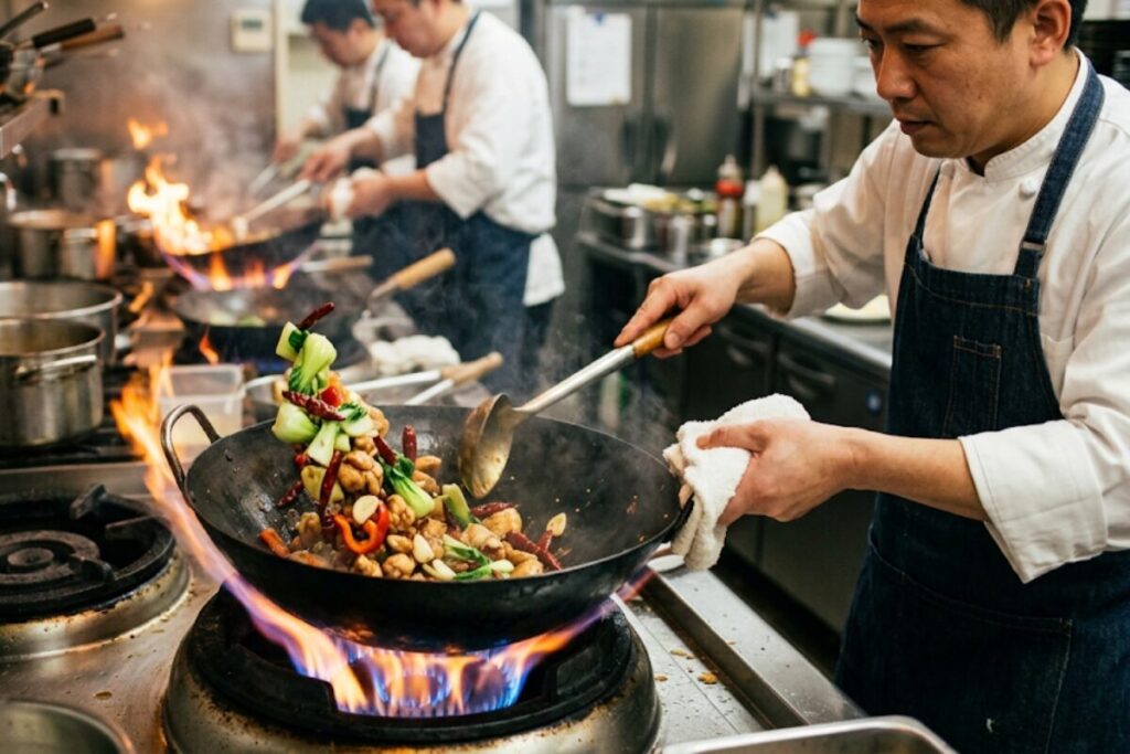 四川鍋の中でお玉を使い食材を底から押し上げて炒めるプロの技


