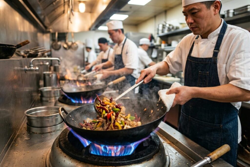 プロの厨房で四川鍋を使い調理する中国料理店の調理師たち
