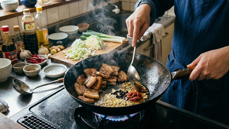 炒めた豚肉を端に寄せ、空いたスペースで刻みにんにく、豆豉、豆板醤を弱火で熱し、香りを油に移している様子。