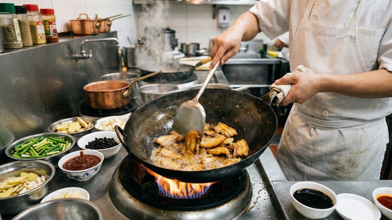 中華鍋で茹でた豚バラ肉をじっくり炒め、表面を黄金色に焼き上げながらラードを引き出す様子