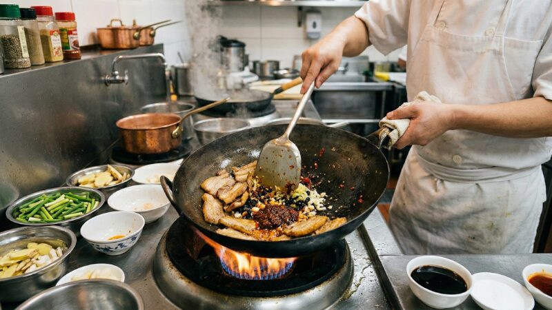 中華鍋の豚肉に刻みにんにく、生姜、豆豉、豆板醤を加え、油に香りを移しながら炒める工程