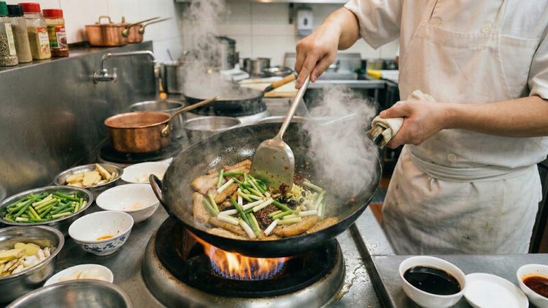 豆板醤の赤みが回った中華鍋に、カットしたネギを加えて香ばしさを引き出している様子