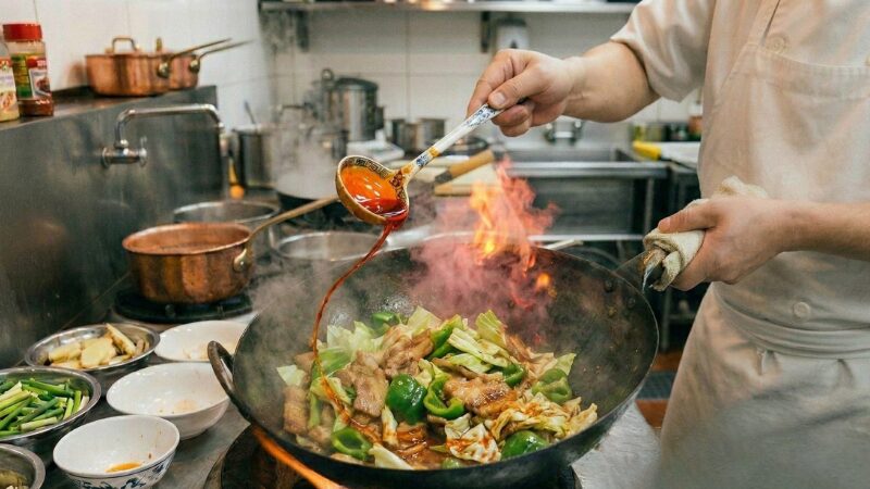 仕上げに中華お玉でラー油をひと回しし、熱気と香りが立ち上がる回鍋肉の完成直前の様子