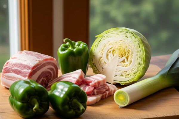 回鍋肉のメイン食材。豚バラ、キャベツ、ピーマン、長ネギ