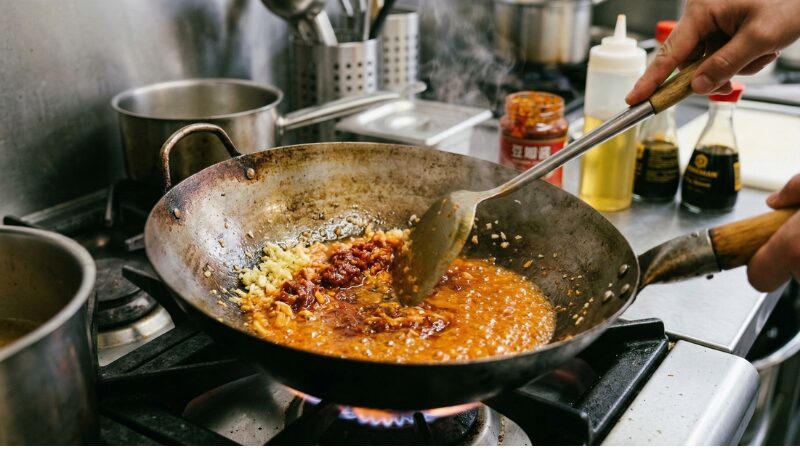 中華鍋でにんにく・生姜・豆板醤・ケチャップを弱火で炒め、香りと赤い色を油に移している様子
