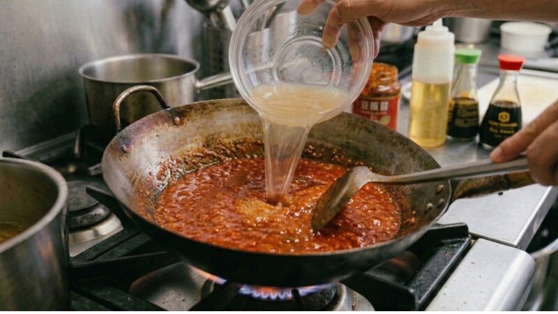 ボウルに合わせておいた調味料を中華鍋に注ぎ、エビチリのソースを作っている様子