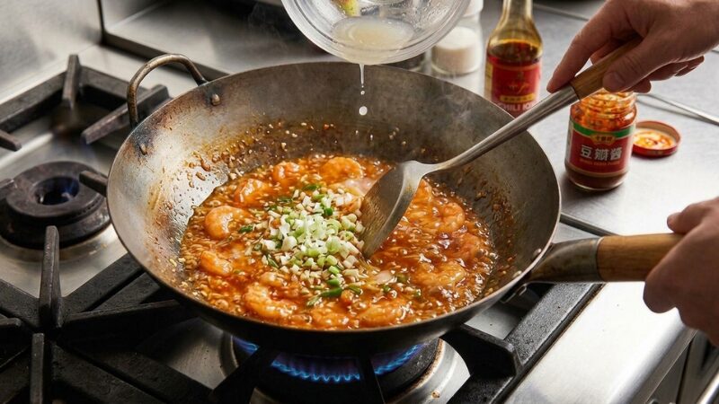 エビチリに刻んだ長ネギを加え、水溶き片栗粉でとろみをつけて仕上げている様子