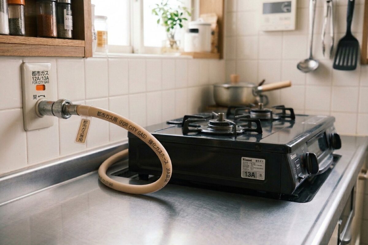 ガスコンロの背面に接続された、ベージュ色の都市ガス用ホース。