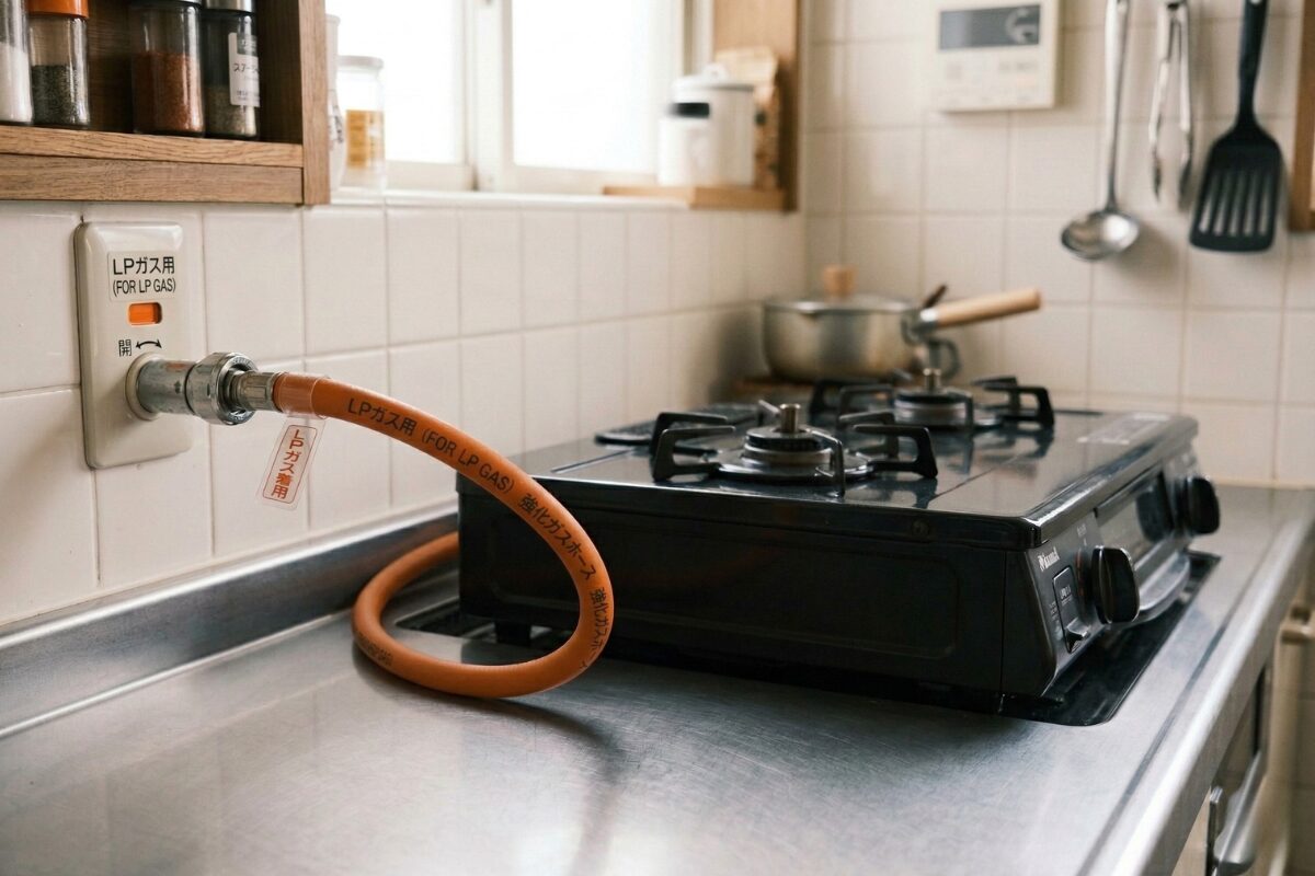 ガスコンロの背面に接続された、オレンジ色のプロパンガス用ホース。