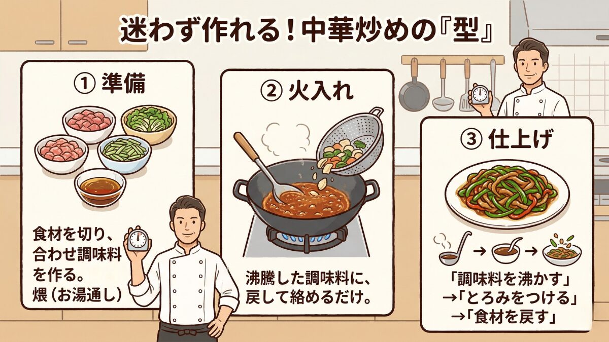 中華炒めを成功させる3つの重要ポイントを整理したイラスト。①準備（食材と調味料を揃え8割火を通す）、②火入れ（沸騰した調味料に絡めるだけ）、③仕上げ（とろみを付けて食材を戻す）