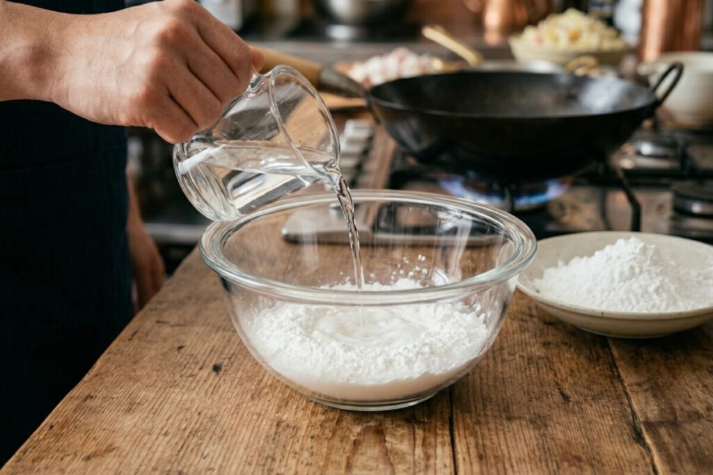 片栗粉を入れたボウルに水を注ぎ、ダマにならないよう混ぜる工程。