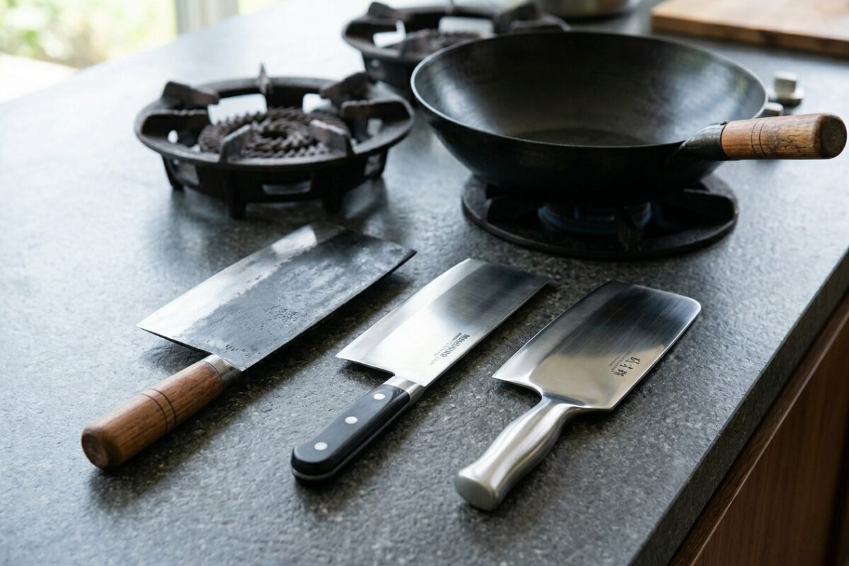 鋼・ステンレス・オールステンレスの3種類の中華包丁を並べた比較イメージ。素材や持ち手の違いを解説