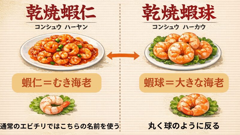 蝦仁（小エビ）と蝦球（大エビ）のチリソース炒めの違いを示す図解
