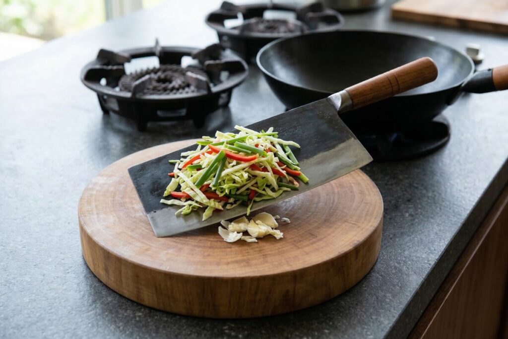 中華包丁の広い刃の腹を使って千切り野菜をすくい上げる様子と、まな板の上で潰されたニンニク