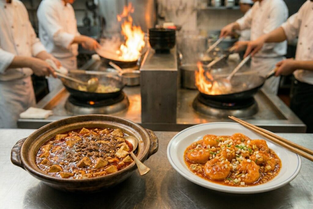 「本気の中華シリーズ」おかずセクションのイメージ。土鍋に入った本格麻婆豆腐と、プリプリのエビチリが並び、背景には活気ある厨房の炎が見える。