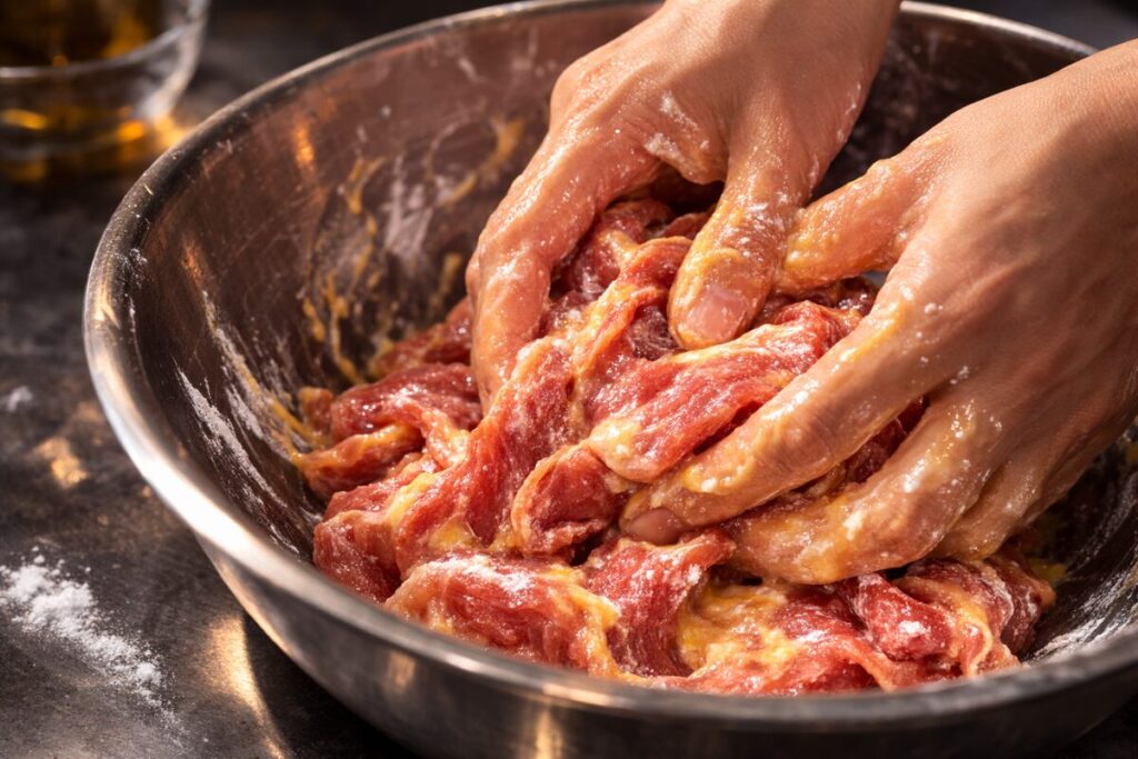 豚肉に卵と片栗粉を揉み込み、加熱しても硬くならないよう水分を閉じ込める「漿（チャン）」の工程