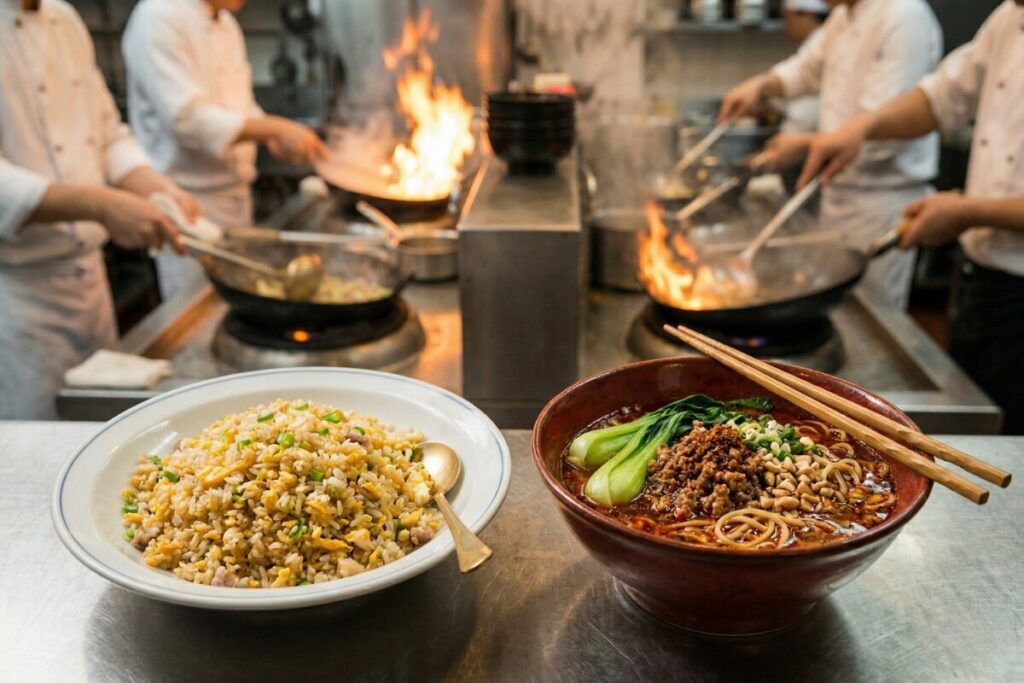 本気の中華シリーズ・主食セクションのイメージ画像。パラパラの炒飯と本格担々麺、背景には活気ある中華厨房