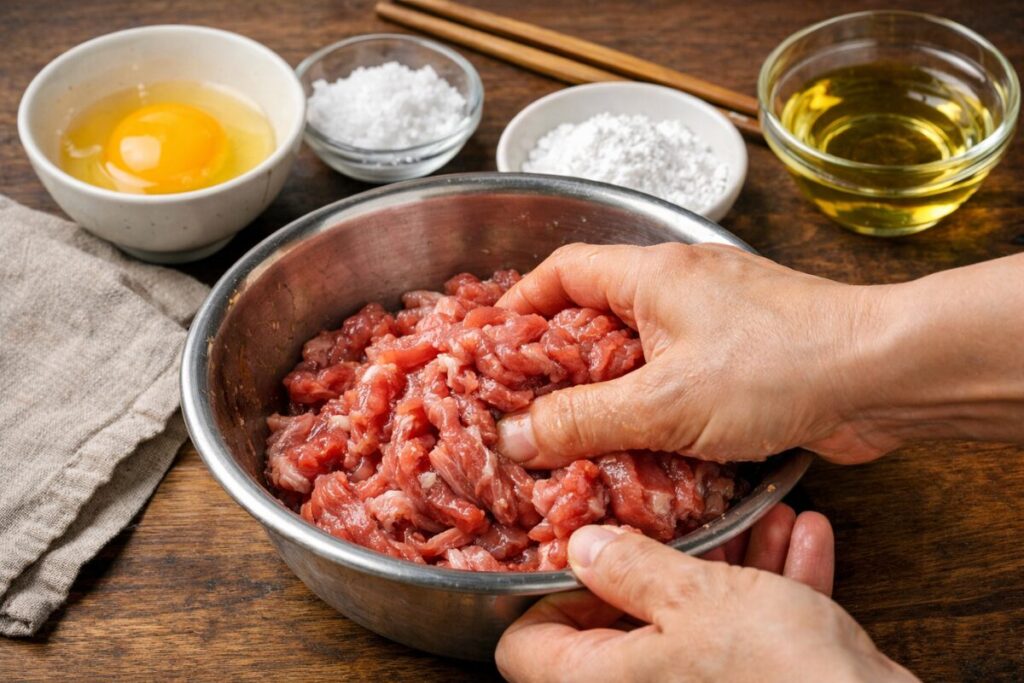 豚肉に卵・片栗粉・油を揉み込むチャン(下処理)の様子