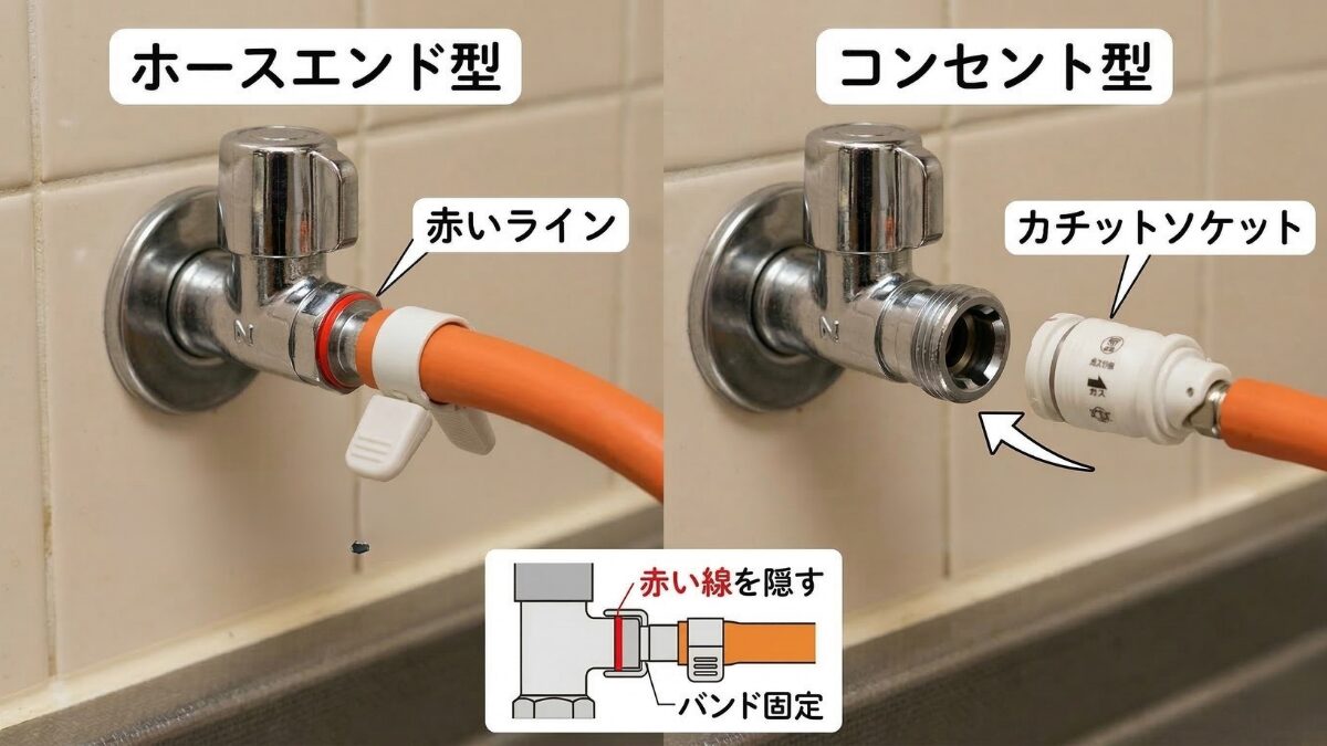 ガス栓の2つの形状比較。赤い線が目印のホースエンド型と、カチットソケットを使用するコンセント型の違い。