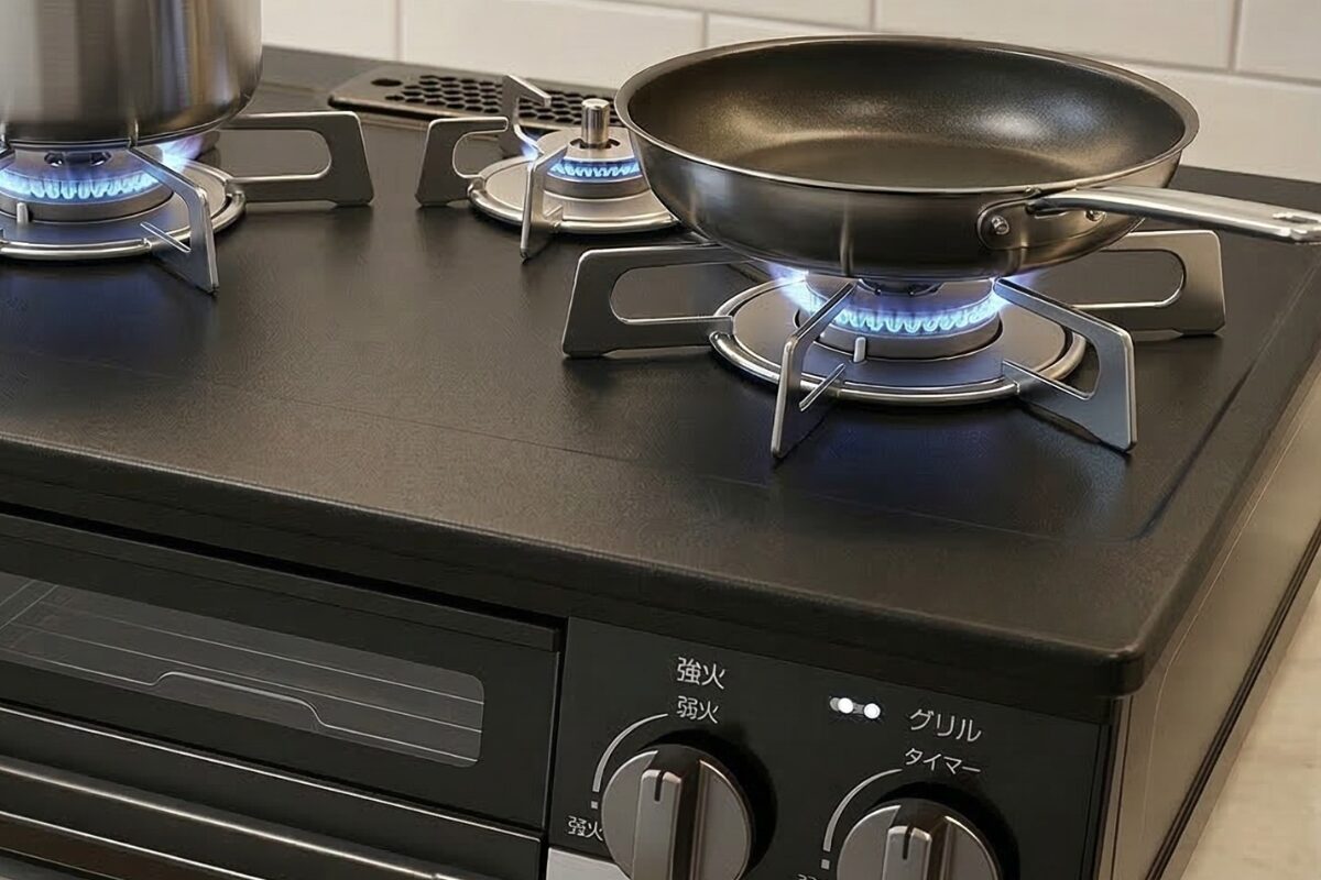 油をはじくフッ素コート天板。汚れがこびりつきにくく、マットな質感のトッププレート。
