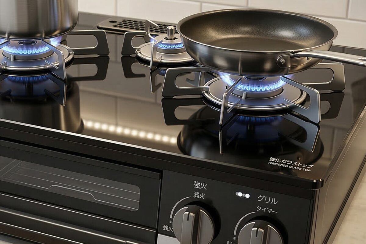 高級感のあるガラストップ天板。熱やキズに強く、油汚れをサッと拭き取れる滑らかな質感。