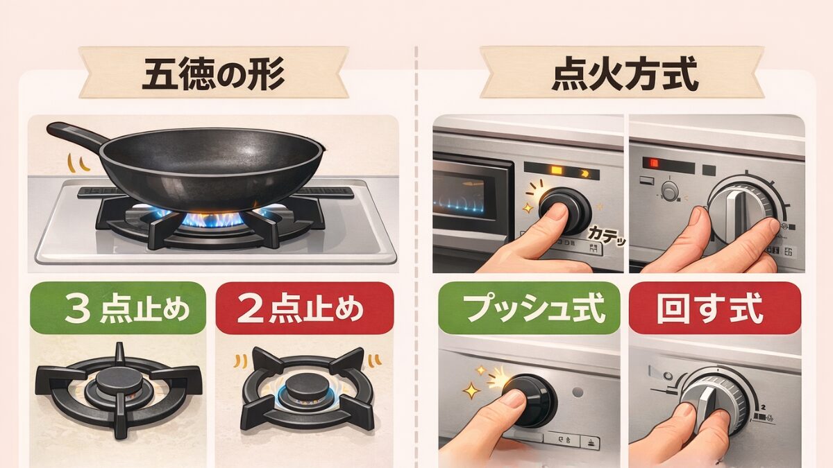 ガスコンロの五徳の形状（3点止め・2点止め）と点火方式（プッシュ式・回す式）の違いを比較した図解