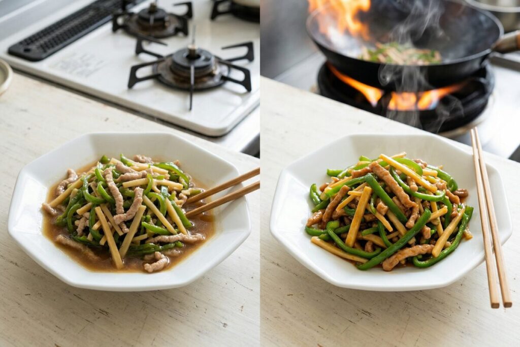 家庭の火力でベチャッとした青椒肉絲(左:皿に汁が溜まっている)と、プロの理屈で作ったシャキシャキの青椒肉絲(右:汁気がなく具材にタレが絡んでいる)の比較