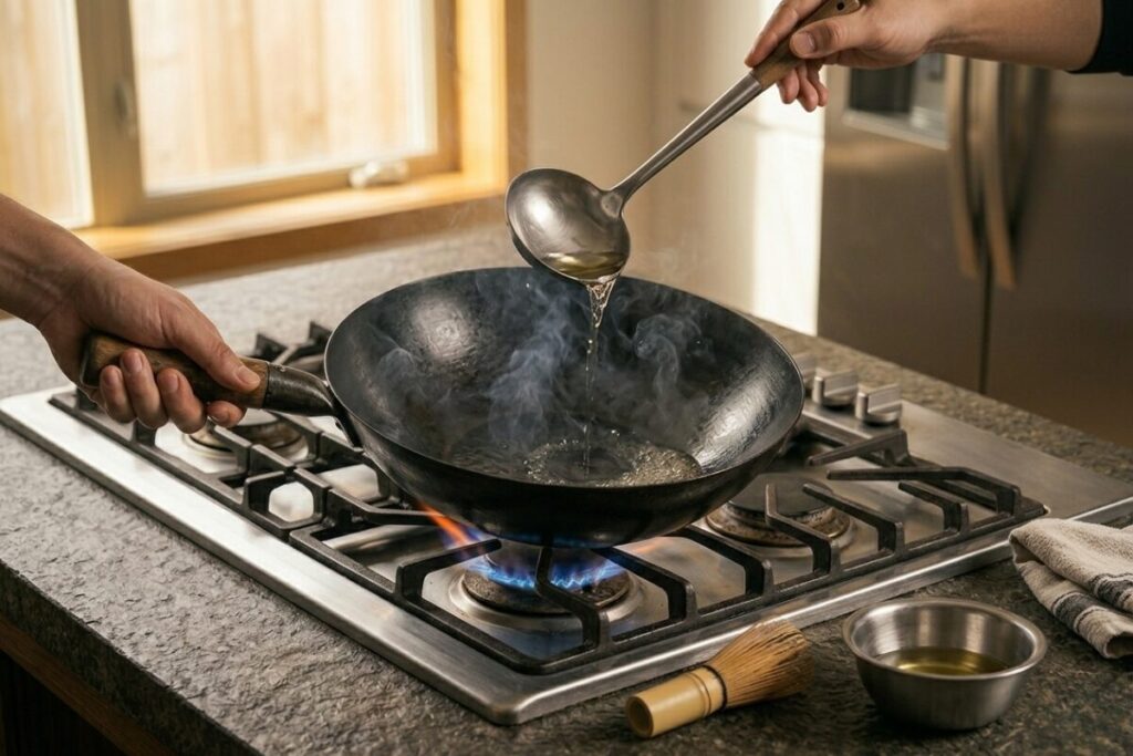 鉄の中華鍋に熱した油を注ぎ、お玉で全体に馴染ませて「油ならし（シーズニング）」を行う調理シーン