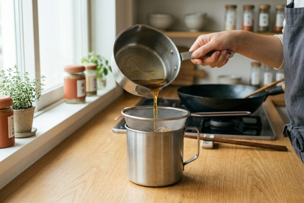 オイルポットに使い終わった揚げ油をろ過して保存している様子