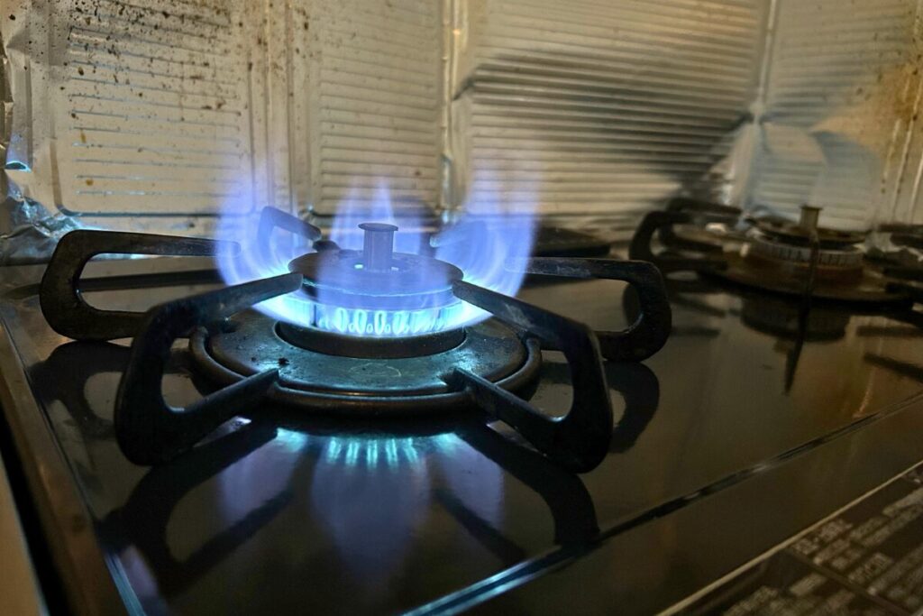 パロマIC-S37BMの4.2kW強火力バーナーの青い炎。中華料理にも最適な火力。