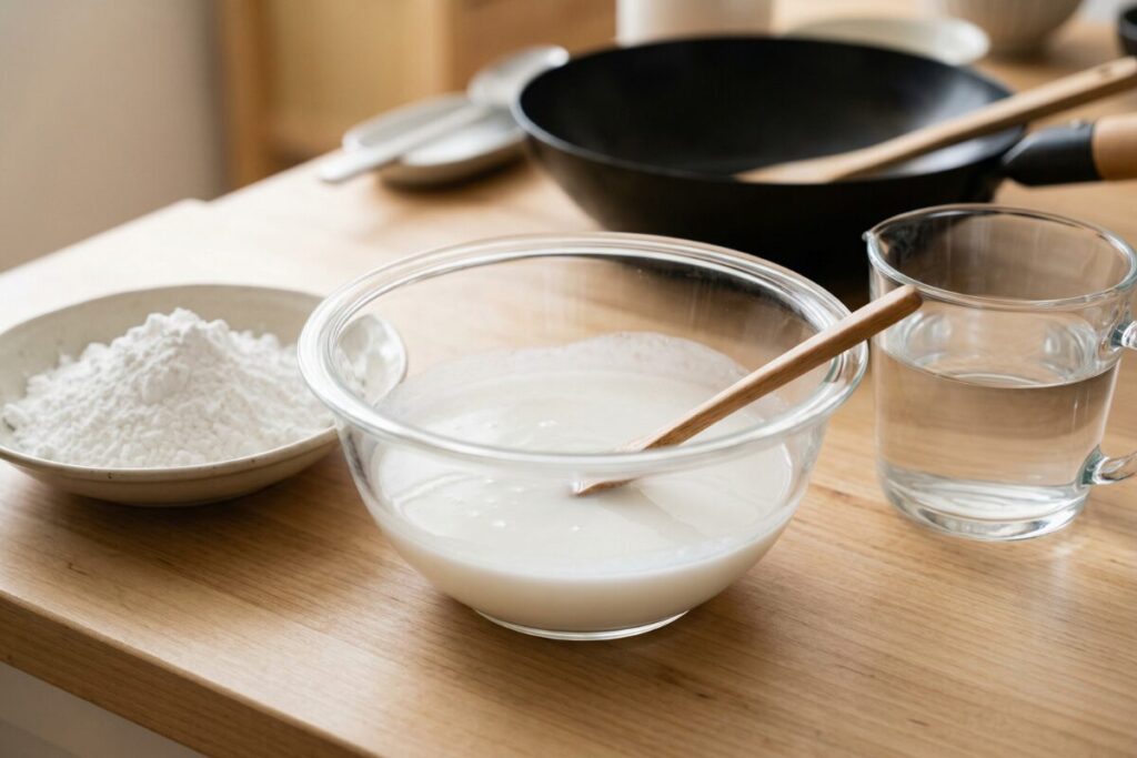 水溶き片栗粉を入れる前に、一度火を止めている。