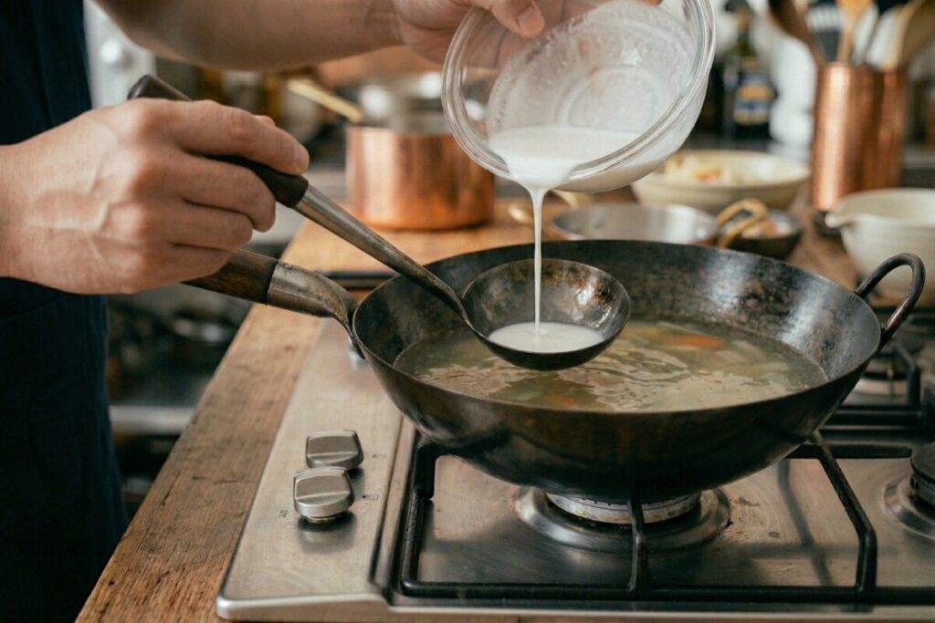 中華鍋の上で、中華お玉に水溶き片栗粉を一度受けてから鍋に広げる様子。ダマを防ぎ、投入量を正確にコントロールするプロの技。