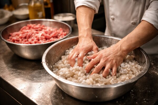 業務用厨房で何十キロのエビをチャンしている料理人の手元の様子
